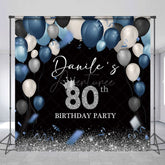 Aperturee - Aperturee Blue Black Balloons Custom Name 80th Birthday Backdrop